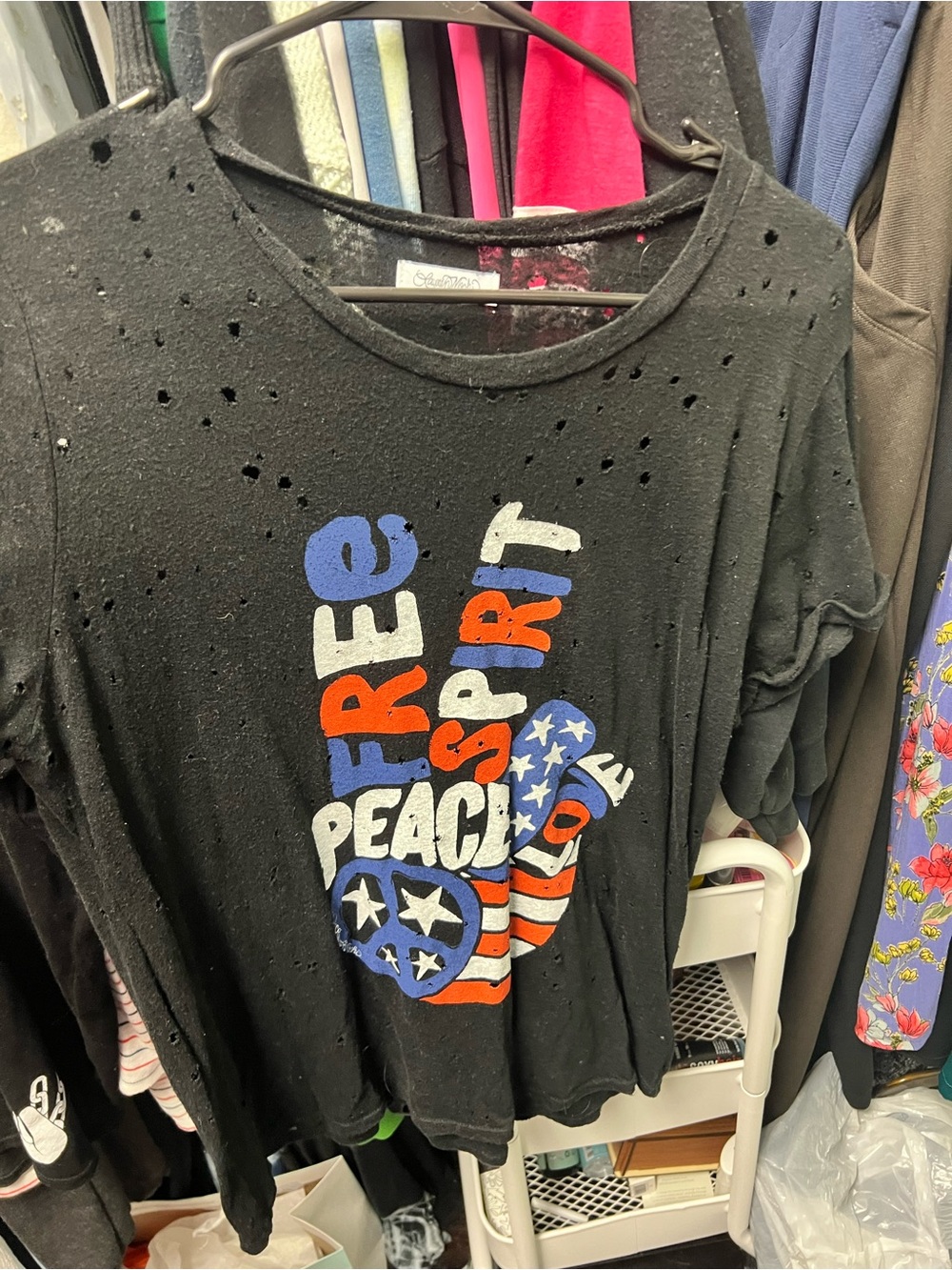 Lauren Moshi Black Graphic Peace Tee with Red, White & Blue Print